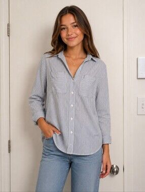 Zara Girls Blue & White Striped Button-Up Shirt Size 13/14 (164 cm)